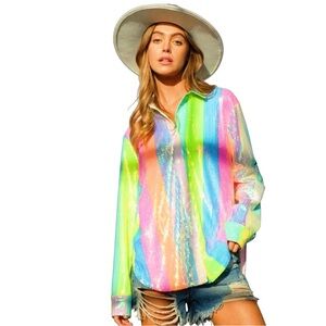 NEW blue b Allover Multicolor Pastel Vertical Neon Stripe Sequin Button Up Shirt